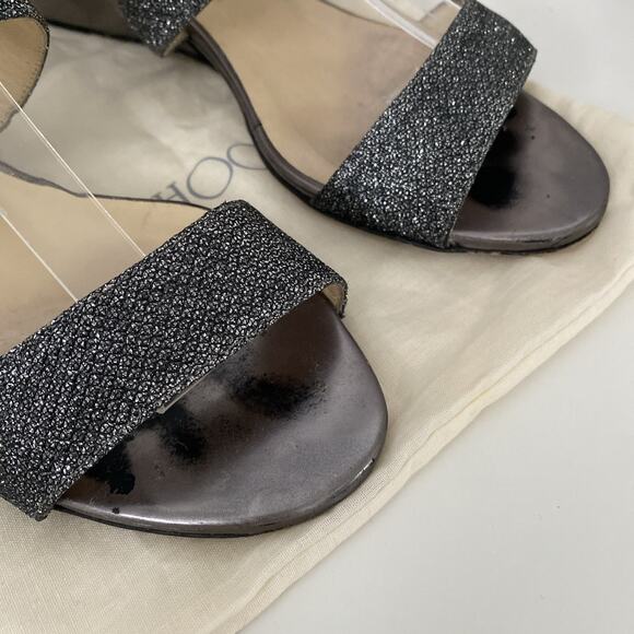 JIMMY CHOO Sandal Chiara‎ Anthracite Leather Glitter Wedge Silver Metallic 37.5 - Picture 3 of 14
